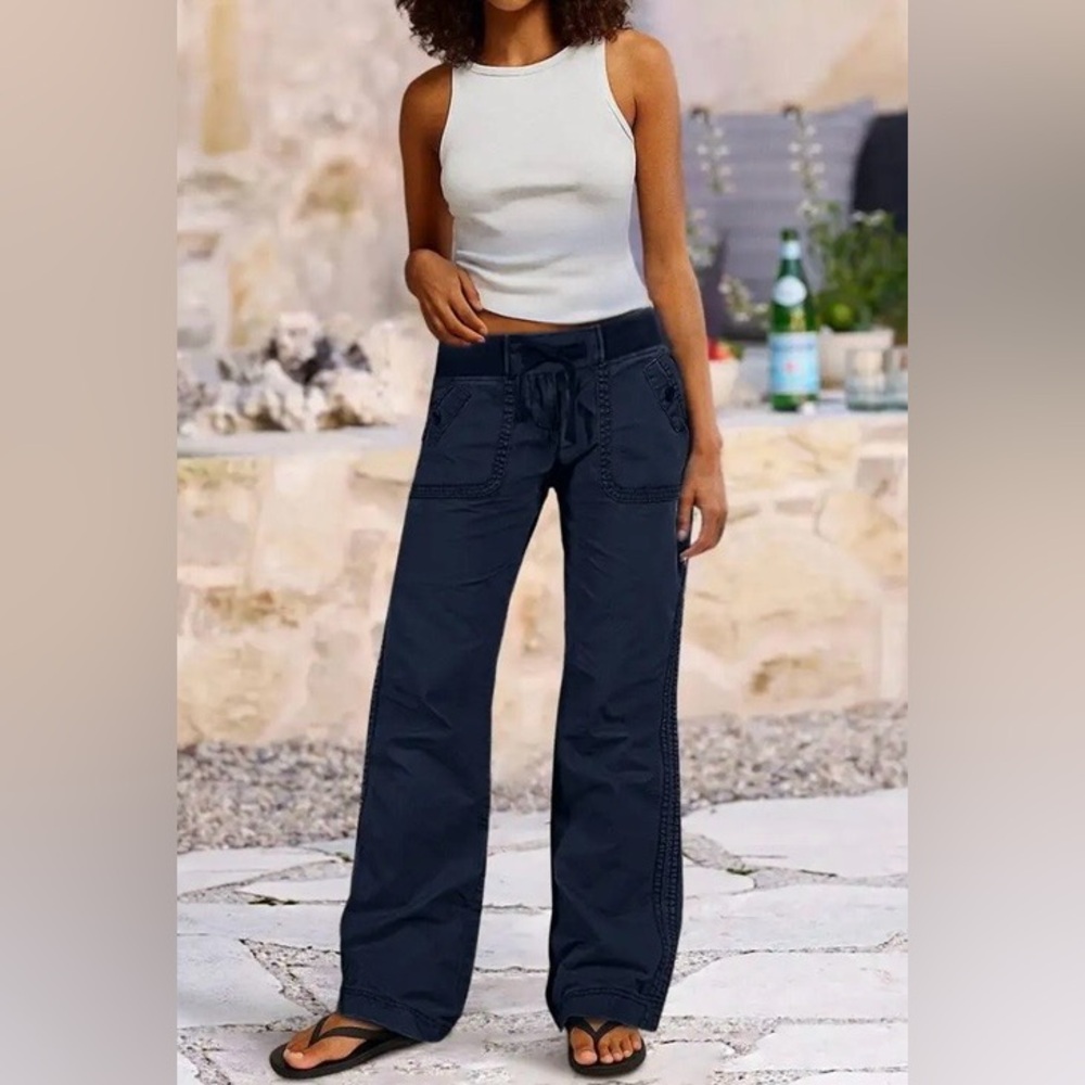 Flamingals Solid Seam Detail Drawstring Mid Rise Straight Leg Pants Large NWT